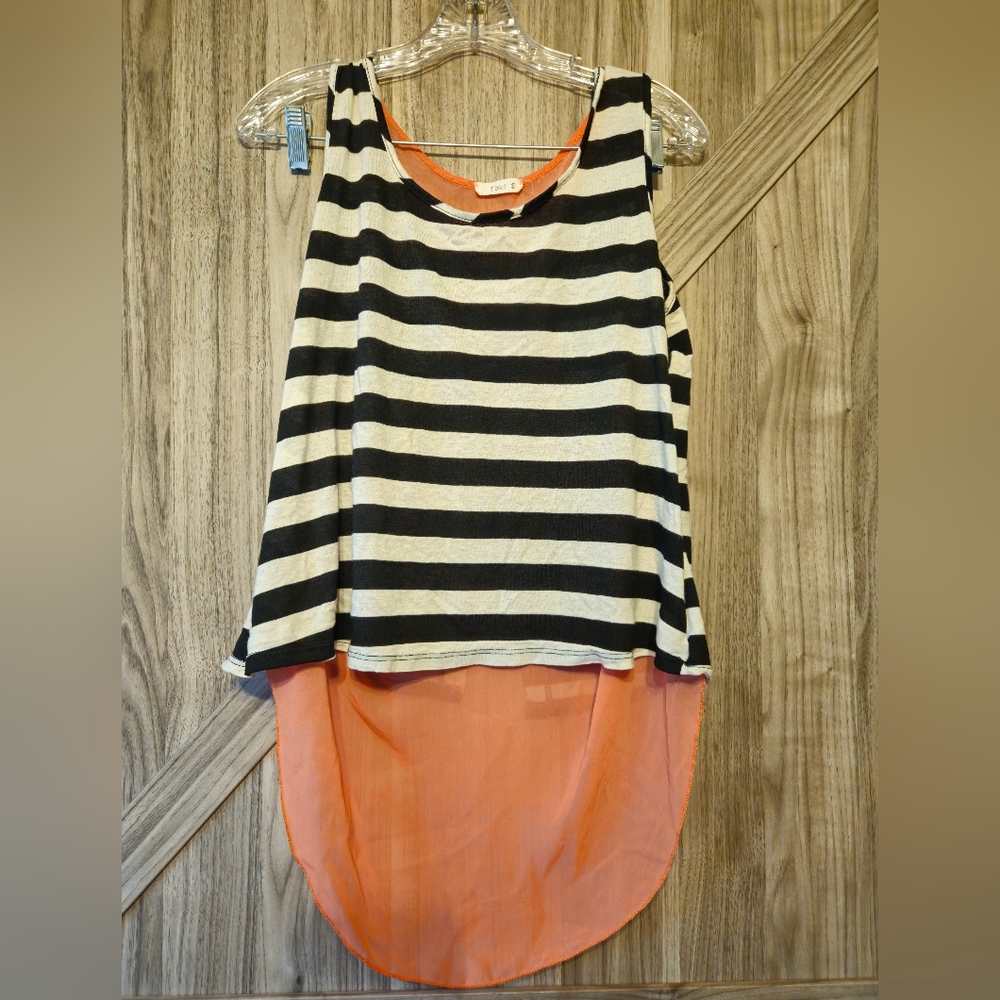 Edge Striped Black and White Tank Top with Orange Sheer Panel